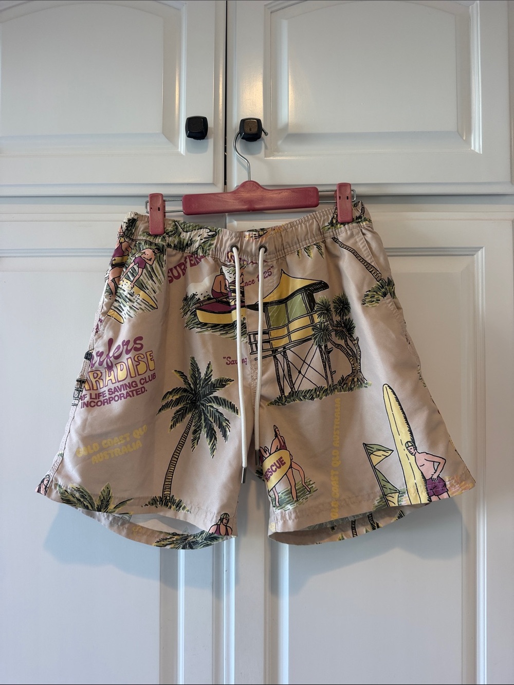 Men's Beige Surfers Paradise Tropical Print Kahuna Swim Shorts Size Small